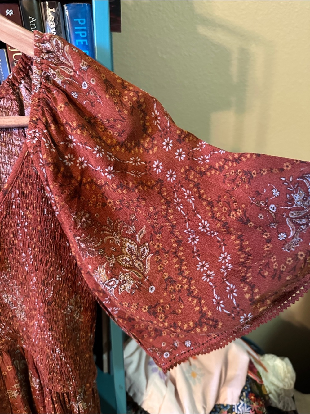Hem & Thread Rust Paisley Smocked V-Neck Blouse - Picture 7 of 10